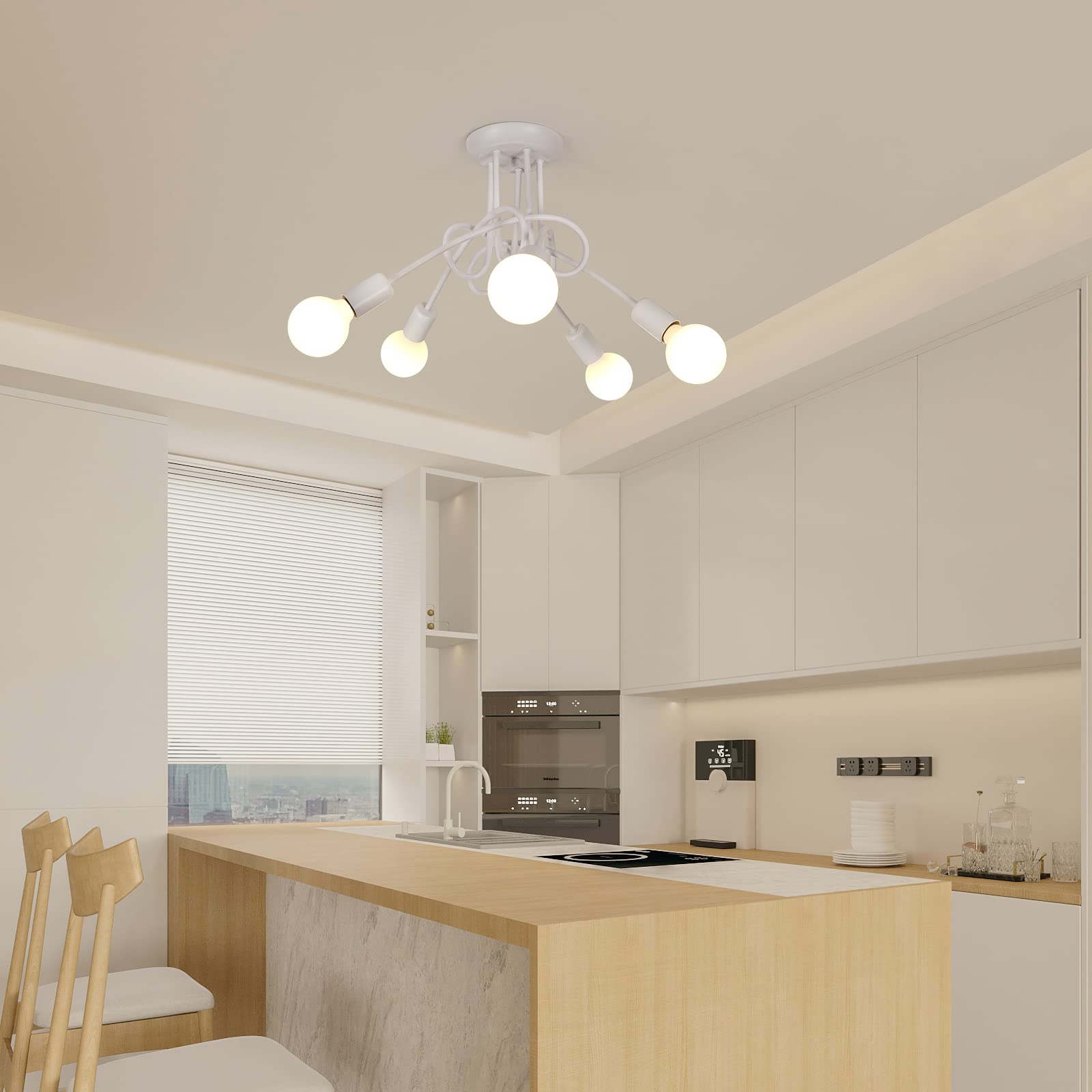 Riserva Lampadario Vintage, Plafoniera Soffitto Industriale E27, 5 Luci Lampada da Soffitto in Metallo per Soggiorno, Cucina, Camera da Letto, Ristorante, Cafe, Bianco (senza lampadine)