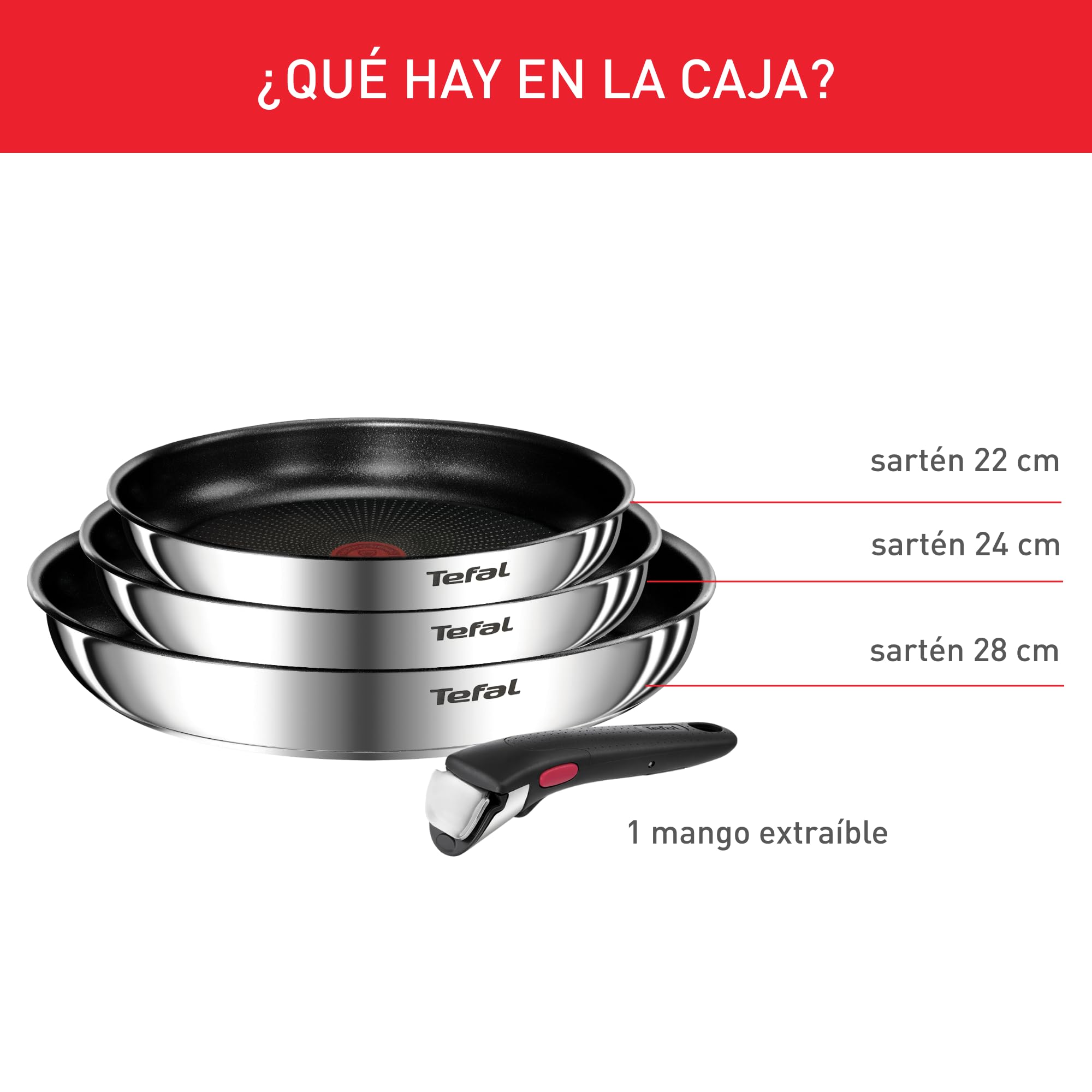 Tefal Ingenio Emotion - Juego de 3 Sartenes 22/24/28 cm + Mango extraíble, Apto inducción, antiadherentes, revestimiento titanio, Thermo-signal, apto lavavajillas y horno — view 2