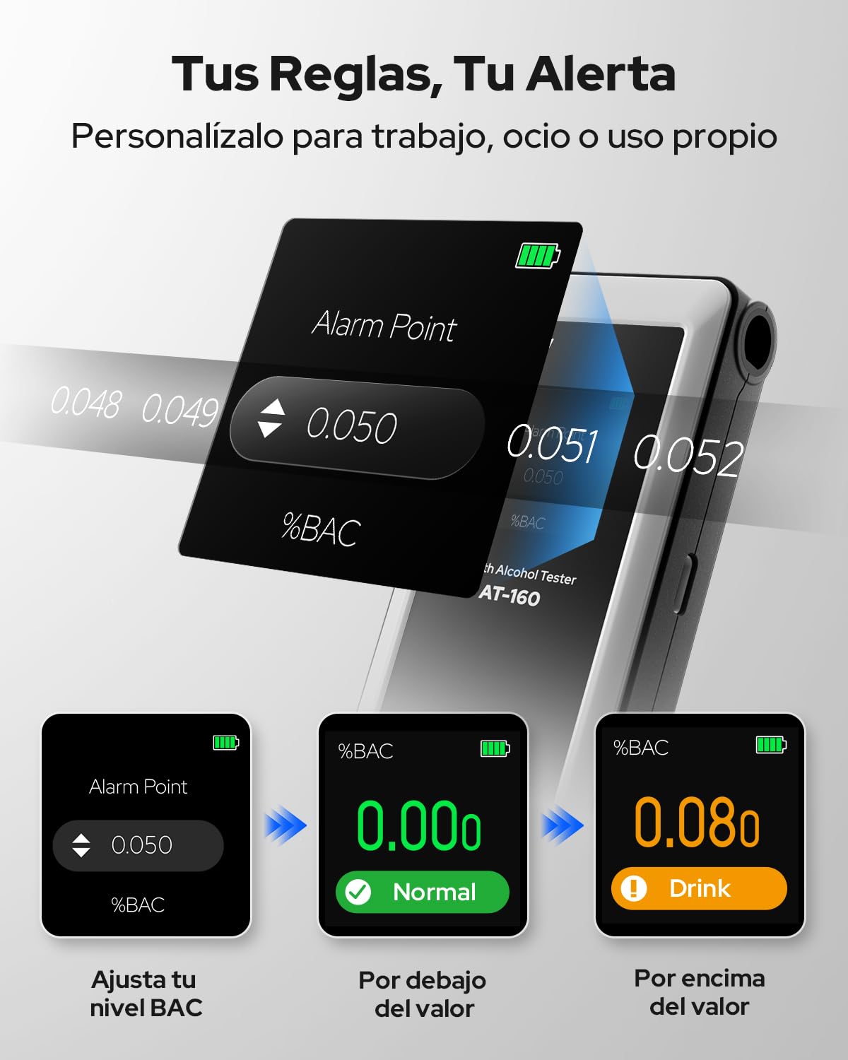 Alcoholímetro AT-160, Alcoholímetro de Alta Precisión con Umbral de Alarma Ajustable, Pantalla LCD, Memoria de Pruebas y 10 Boquillas Incluidas – Ideal para Uso Doméstico