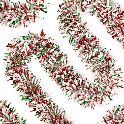 Sggvecsy XMAS-TINSEL GARLAND-9 49.2Ft Christmas Green Red White Tinsel Garland Xmas Tree Decorations Christmas Metallic Twist Garland Ceiling Hanging Decorations cover