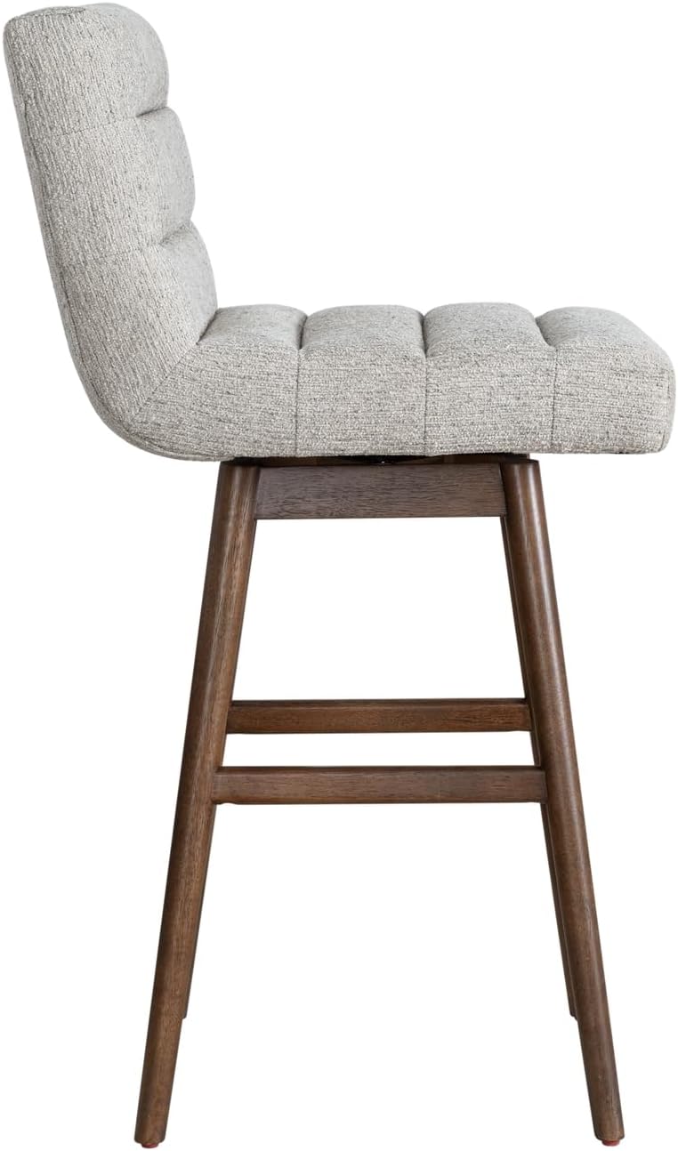 Armen Living Elias Brown Modern Farmhouse Solid Wood Upholstered 30" Bar Height Swivel Barstool with Morning Fog Fabric Seat