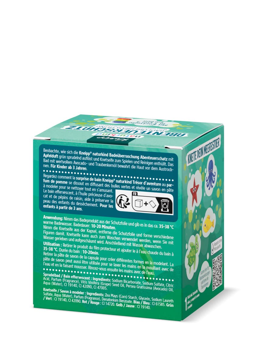 Kneipp Naturkind Abenteuerschatz niespodzianka do kąpieli – musująca skrzynia skarbów z niespodzianką – pielęgnująca dzięki olejowi z awokado i z pestek winogron – 1 x kula kąpielowa