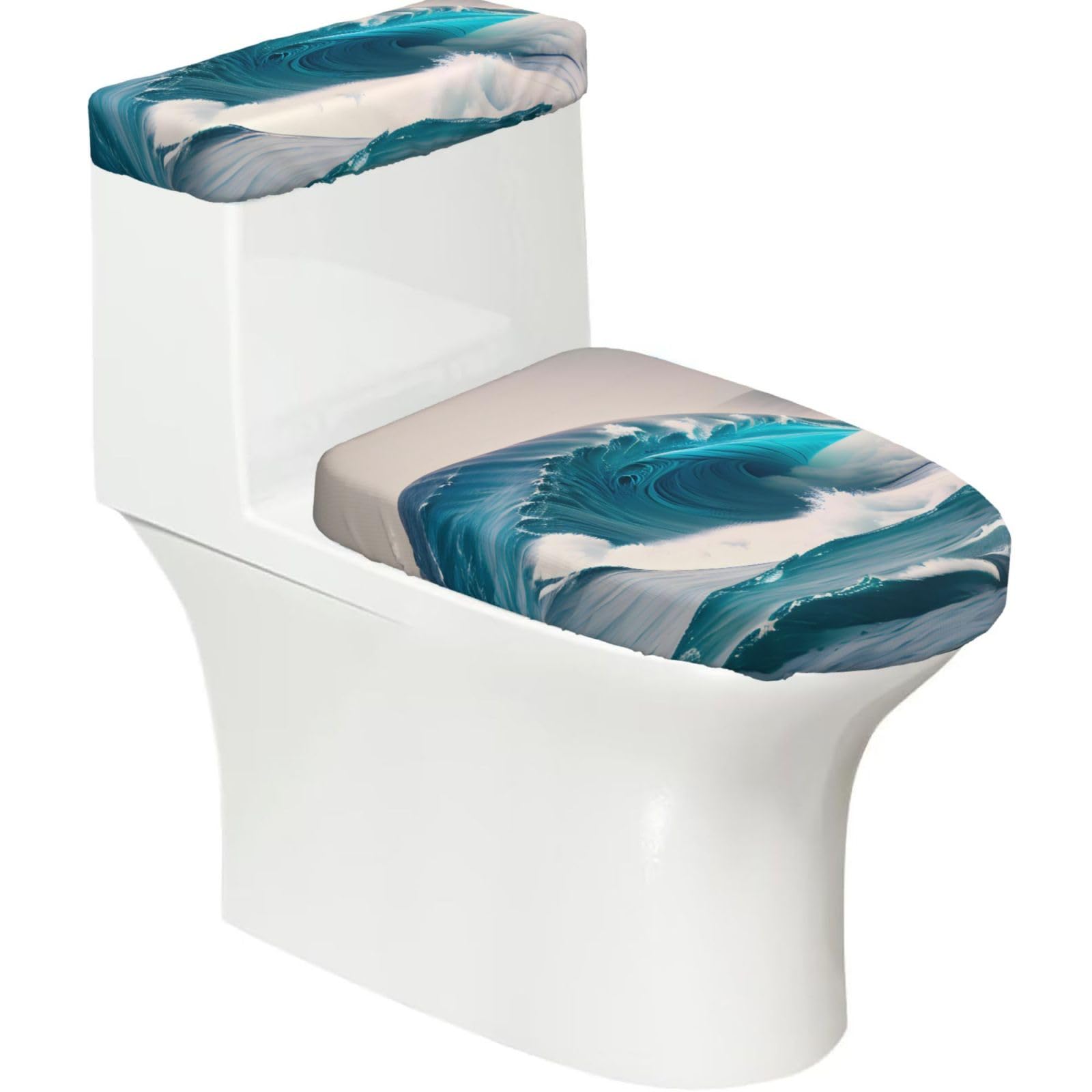 Cartoon Blue sea Wave Elastic Toilet Cover Set of 2-Stretchy Lid and Tank Covers for Bathroom, Soft Washable U Shape Toilet Decor