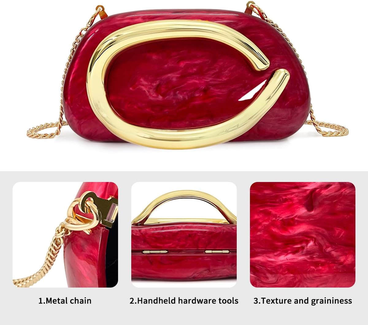 Women Acrylic Clutch Purse Metal Handle Evening Bag Trendy Box Shoulder Crossbody Bag Handbag for Wedding Party Causal