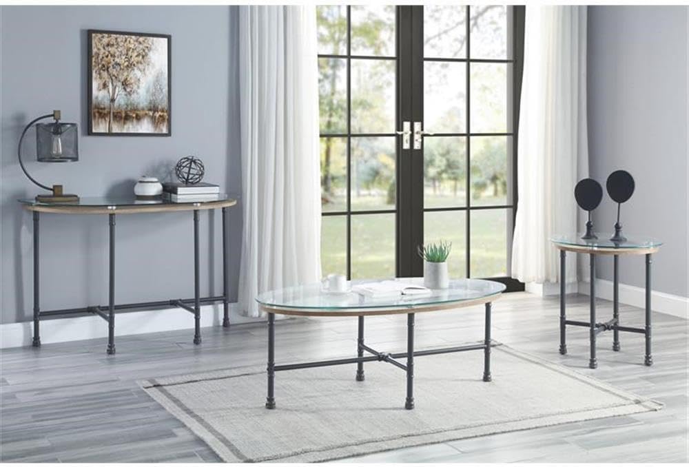 Acme Brantley Pipe Style Glass Top Sofa Table in Clear and Sandy Gray