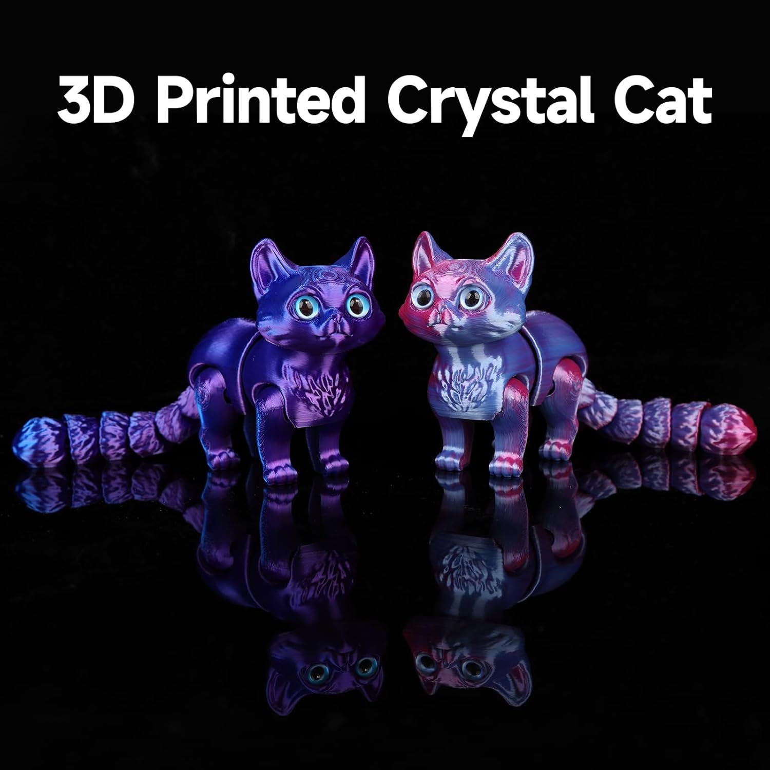 2Pack 3D Printed Cat,3D Printed Cat, 3D Print Animals, 3D Printed Fidget Toys Flexible Joints Pink Blue & Blue Purple