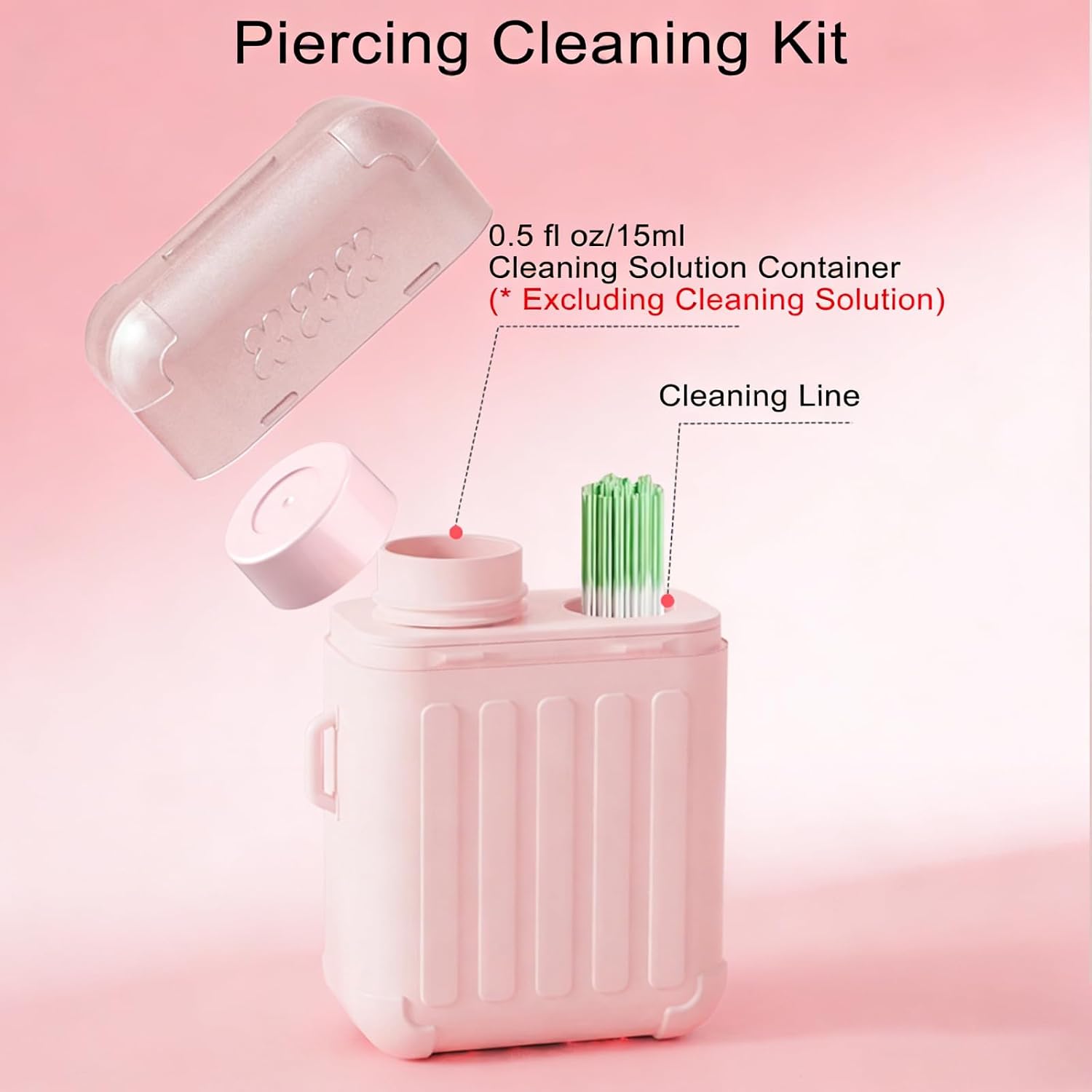 Earring Hole Cleaner, 2 in 1 Portable Piercing Cleaning Kit with 180pcs Disposable Nose Ear Piercing Cleaner Floss & 15ml Container for Daily Care Travel (Pink, 180 PCS)
