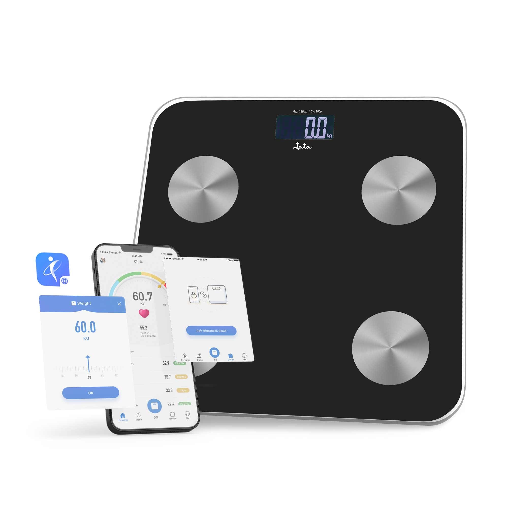 JATA HOGAR HBAS1155 - Báscula Inteligente Digital Bluetooth con App OkOk, Análisis Corporal (Grasa, IMC, Agua, Masa Muscular), 180 kg, 15 Usuarios, Cristal Temperit