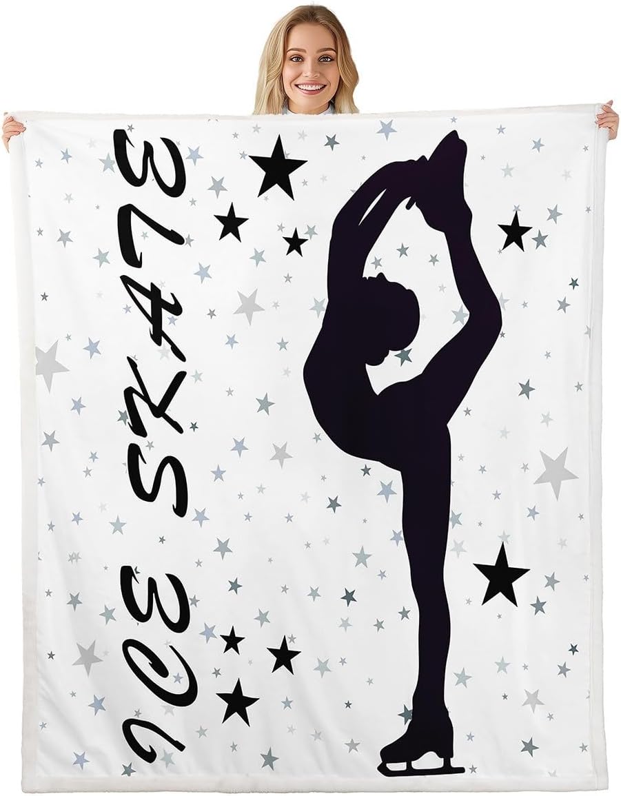 Ice Skating Girl Flannel Fleece Blanket,Figure Skate Sports Silhouette Teal Super Soft Blanket for Bed Sofa Couch,Watercolor Marbling Abstract Marble Texture Bed Blanket,Twin 60"x80"