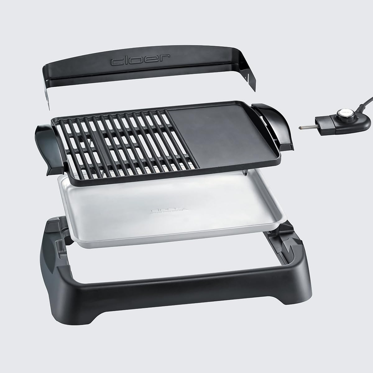 Cloer 656 Barbecue Elektrogrill, Tischgrill mit Spritzschutz, große Grillfläche 43 x 30,5 cm, Antihaftbeschichtung, 2000 Watt, schwarz