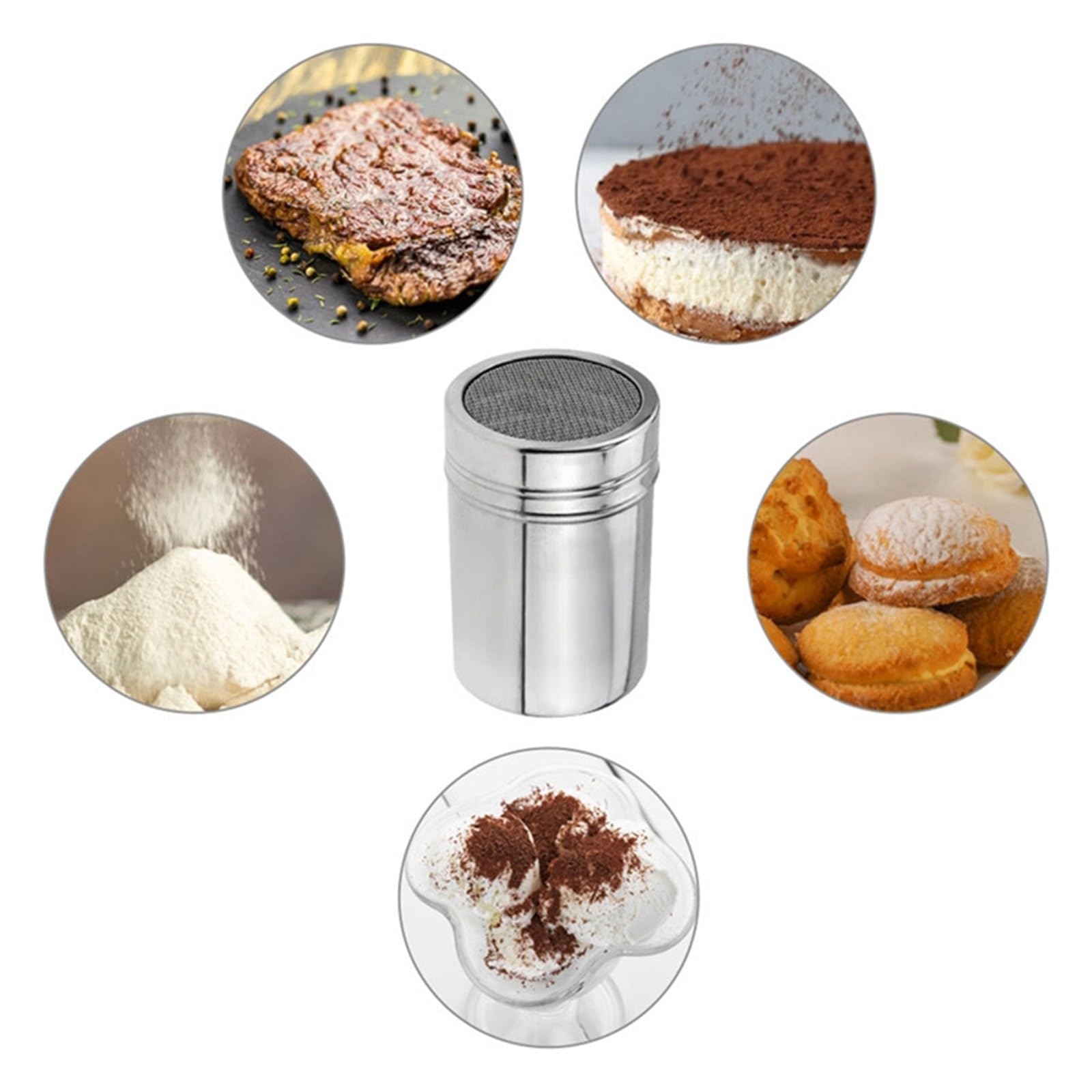 Aspersor de Polvo Acero Inoxidable 3 Piezas con Tapa para Casa | Botella de condimento de cacao en polvo, rociador de polvo, tarro de condimento, herramientas for barbacoa