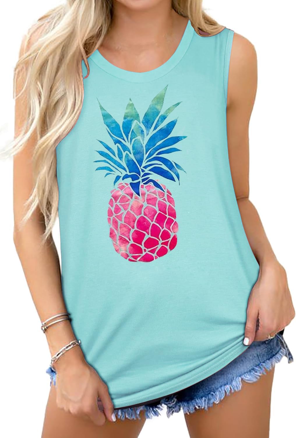 Vintage Colorful Pineapple Sunglasses Beach Tank Tops for Women Funny Graphic Vest Casual Summer Sleeveless Tee Shirts