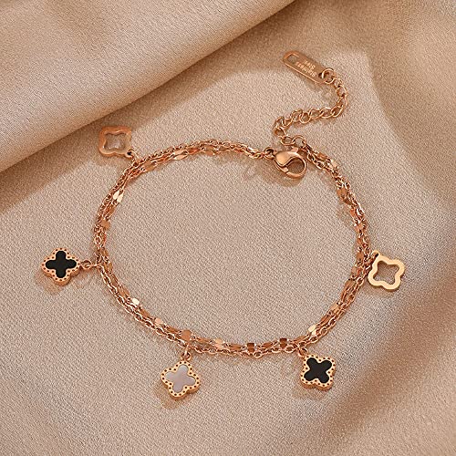 Cfshypd Four-Leaf Clover Titanium Steel Bracelet Bangle, Fashion Simple Rose Gold Double Chain Adjustable Bracelets Bangles, Hypoallergenic Cuff Jewelry Accessories Gift For Mother To Girlfriend #TOP3