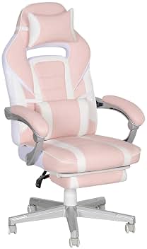 HOMCOM Silla Gaming Silla Gamer Reclinable con Altura Ajustable Reposapiés Retráctil Soporte Lumbar y Reposacabezas Desmontable Silla para Oficina Estudio Rosa