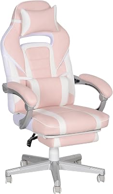 HOMCOM Chaise Gaming, Fauteuil Gaming Ergonomique avec Repose-Pieds, Hauteur réglable, Dossier inclinable à 150°, Appui-tête et Soutien Lombaire, Fauteuil de Bureau à 360° Rotatif en PU, Rose
