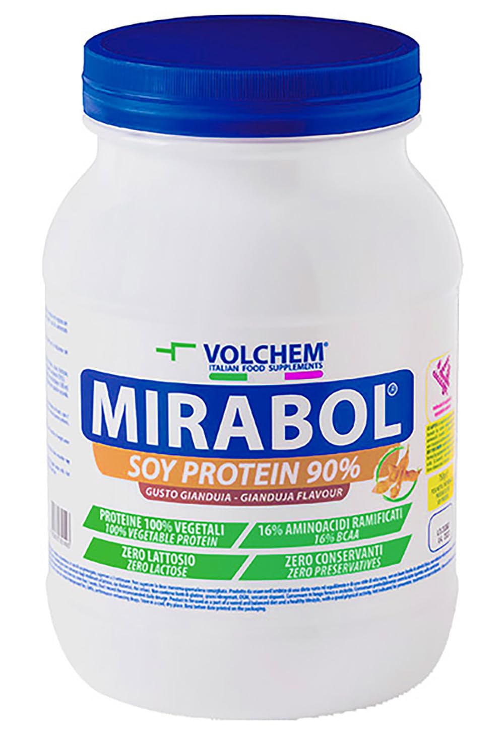 Volchem Mirabol Soy Protein 90, Integratore Alimentare con Proteine di Soia Isolate, 16% Aminoacidi Ramificati, Senza Lattosio e Conservanti, Busta con Polvere Solubile, Gusto Gianduia, 750 g