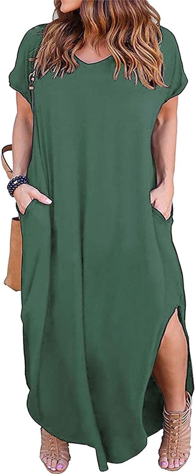 Kancystore Women's Plus Size Dresses Casual Loose Pocket Short Sleeve Slits Plus Size Long Maxi Dress XL-5X