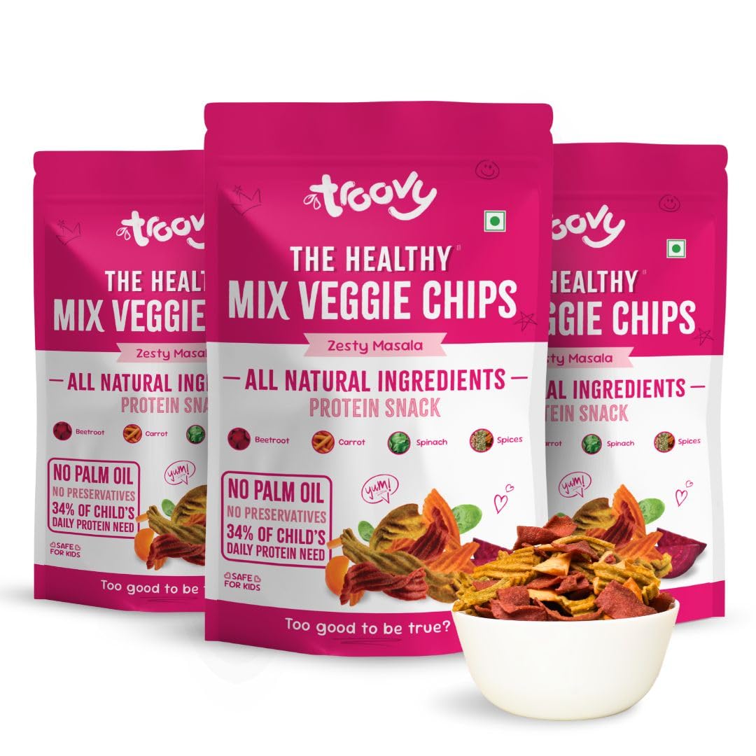 Troovy Healthy Masala Vegetable Chips | Tasty & High Protein Snacks | 30% Of Protein Needs | No Palm Oil, Cholesterol or Trans Fats | No Junk & Chemicals | 3 x 70g Troovy Healthy Masala Vegetable Chips | Tasty & High Protein Snacks | 30% Of Protein Needs | No Palm Oil, Cholesterol or Trans Fats | No Junk & Chemicals | 3 x 70g