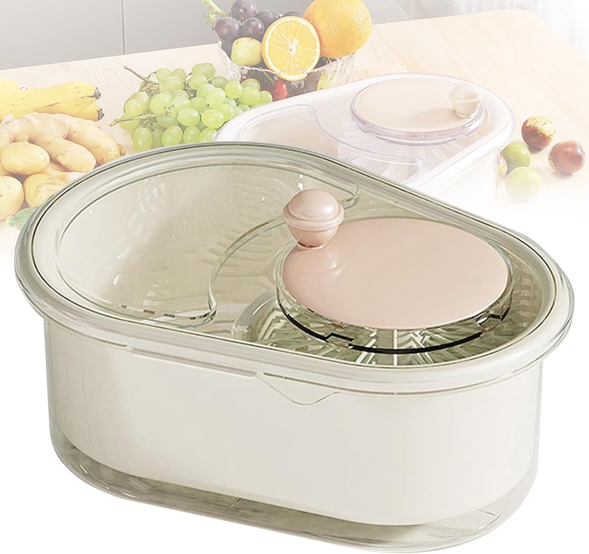 Fruit Washer Spinner Scrubber, Fruit Cleaner Spinner with Brush, Portable Fruit Scrubber, Manual Fruit Washer Spinner with Brush for Kitchen, Fruit and Vegetable Cleaner with Colander and Bowl(Beige)