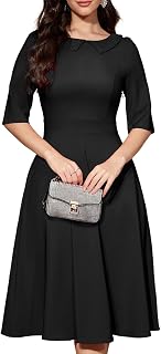 Bbonlinedress Womens Vintage Cocktail Dress Formal Fall Wedding Guest Church Long Sleeve Peter Pan Collar Swing Midi Dresses