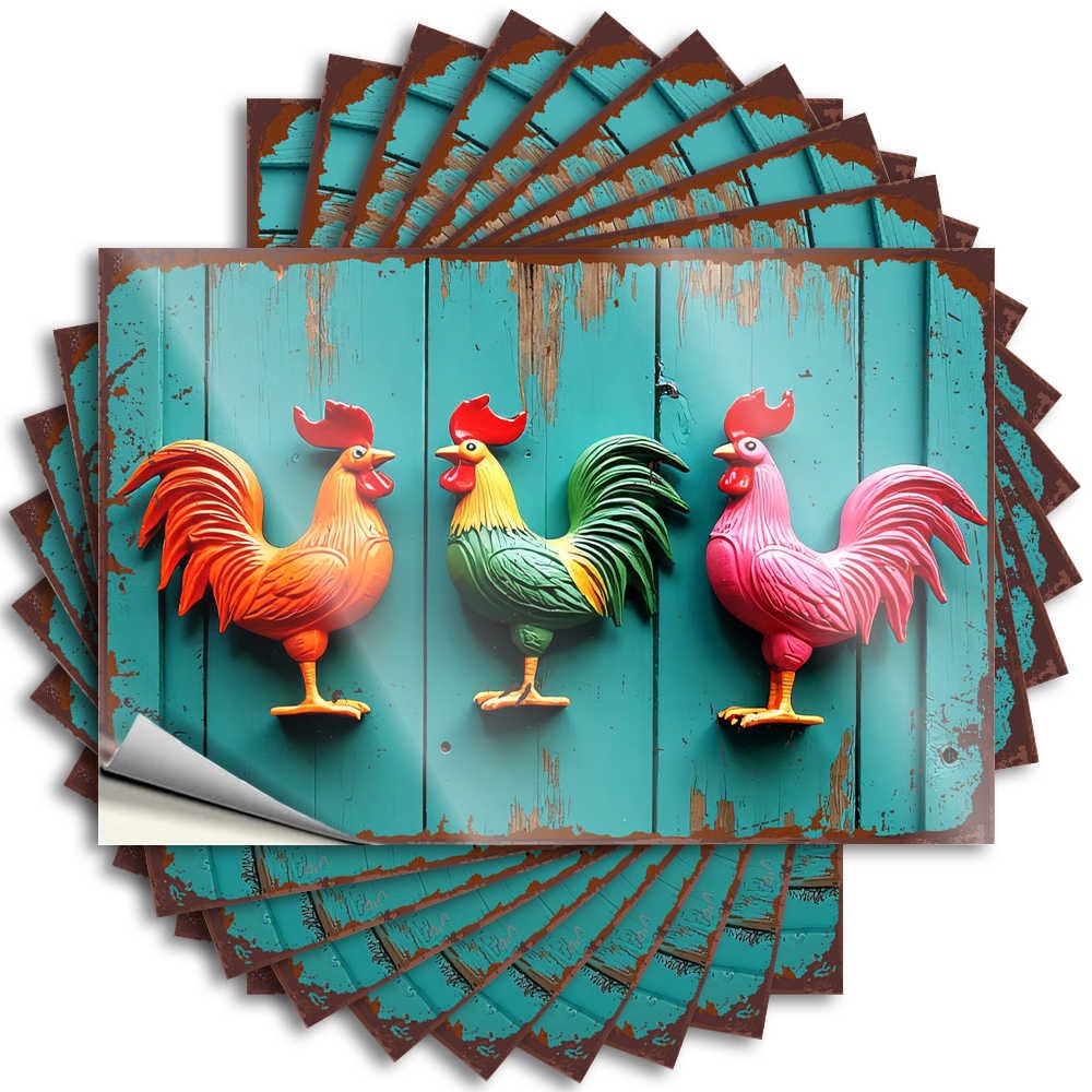 Tattoos Autumn Cocoa Waterproof - Colorful Roosters Adorning A Rustic Wooden Wall Bottle Self Adhesive Decal for Girl Use(6X9CM)