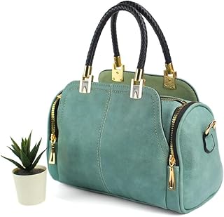 حقيبة يد 6 جيوب جلد إيطالي أخضر تركوازي، للنساء