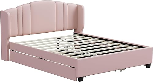 Miniatura 94 de Base de cama LED tapizada tamaño Queen, plataforma flotante de terciopelo con cabecero, MDF moderna y cama de madera contrachapada (beige-081)