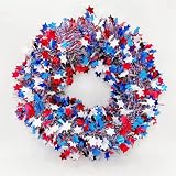 20" 4th of July Wreath for Front Door, Handmade Patriotic Tinsel Wreath Red Blue White Fourth of Jul