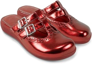 Hot Chocolate Design Mary Jane Clogs for Women, Chrome Crush Crimson – Double Adjustable Buckle-Strap Dress Shoe, Metallic Red Vegan Shoes for Women – Size 7