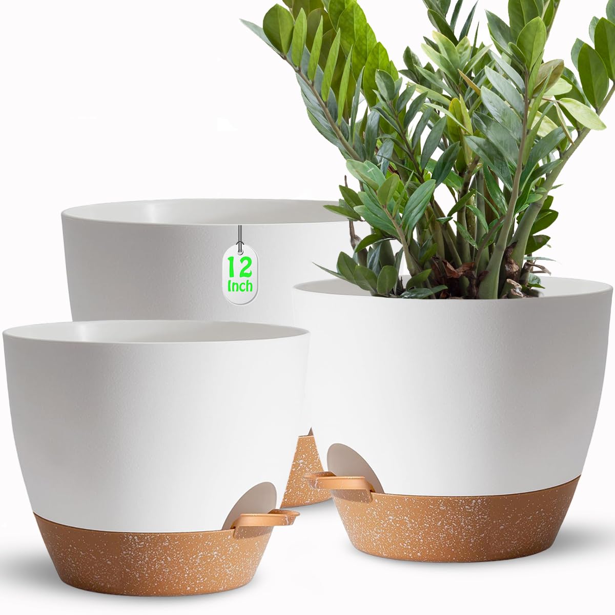 SUN-E Maceta autorriego con Orificio de Drenaje, 30.5+25.4+22.86CM Macetas Grandes para Plantas de Interior, macetas autorriego Modernas de plástico Blanco