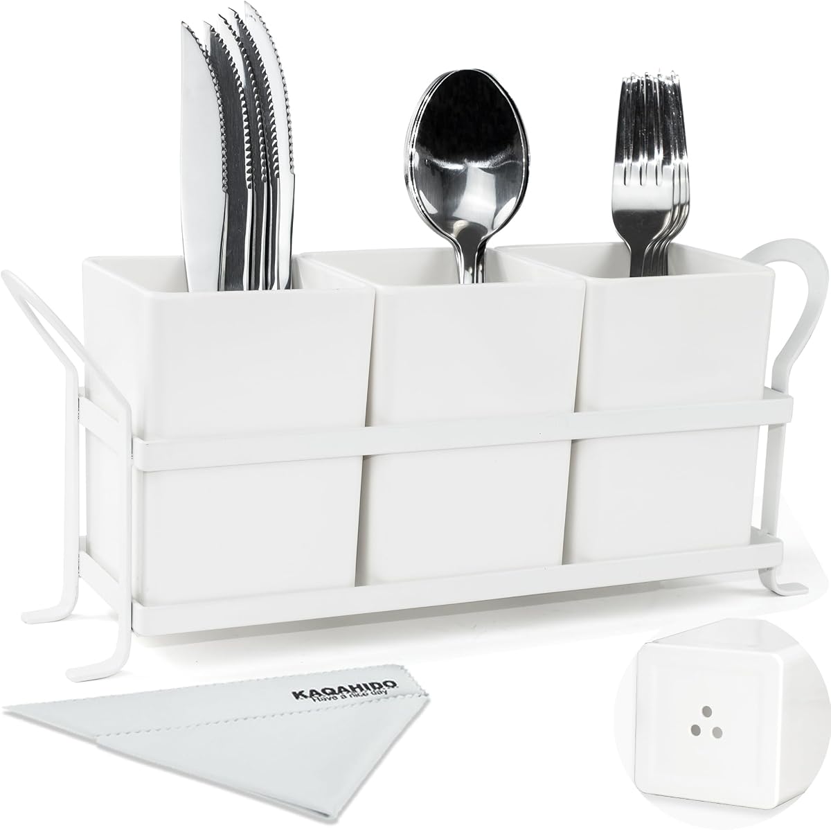 KAQAHIDO Utensil Caddy with Drain Holes, White | Cutlery Organizer for Kitchen Countertop Drawer, 3pcs Bins Set Silverware Holder for Spoon, Fork and Knife