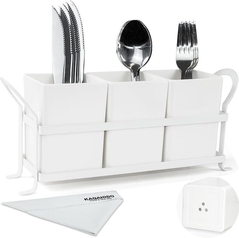 KAQAHIDO Utensil Caddy with Drain Holes, White | Cutlery Organizer for Kitchen Countertop Drawer, 3pcs Bins Set Silverware Holder for Spoon, Fork and Knife