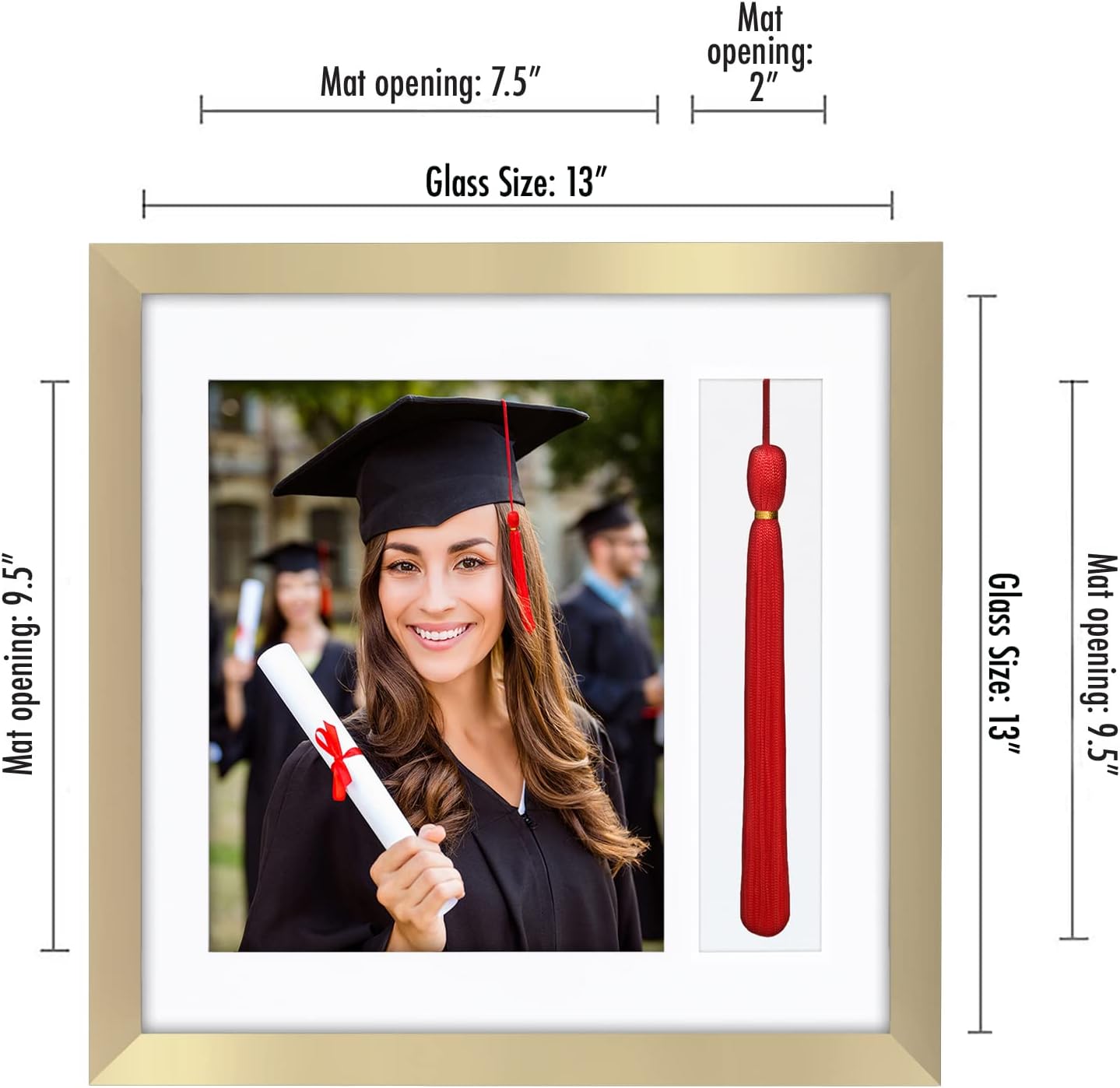 Americanflat 13x13 Graduation Frame - Shatter-Resistant Glass - Fits 8x10 Photo with Tassel Opening - Engineered Wood Diploma Frames with Tassel Holder for Wall Display - Gold Square Frame