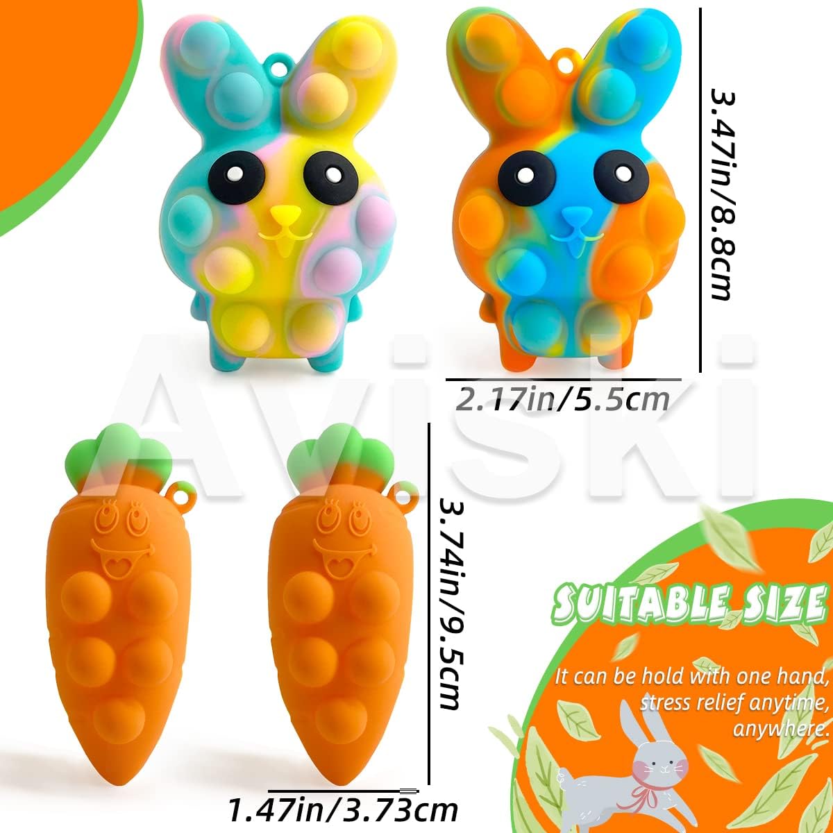 4PCS Easter Pop Stress Balls Fidget Toys, 3D Bunny + Carrot Push Bubble Sensory Balls Fidget Toy, Soft Silicone Squeeze Toys for Kids Adults Stress Relief Party Favors