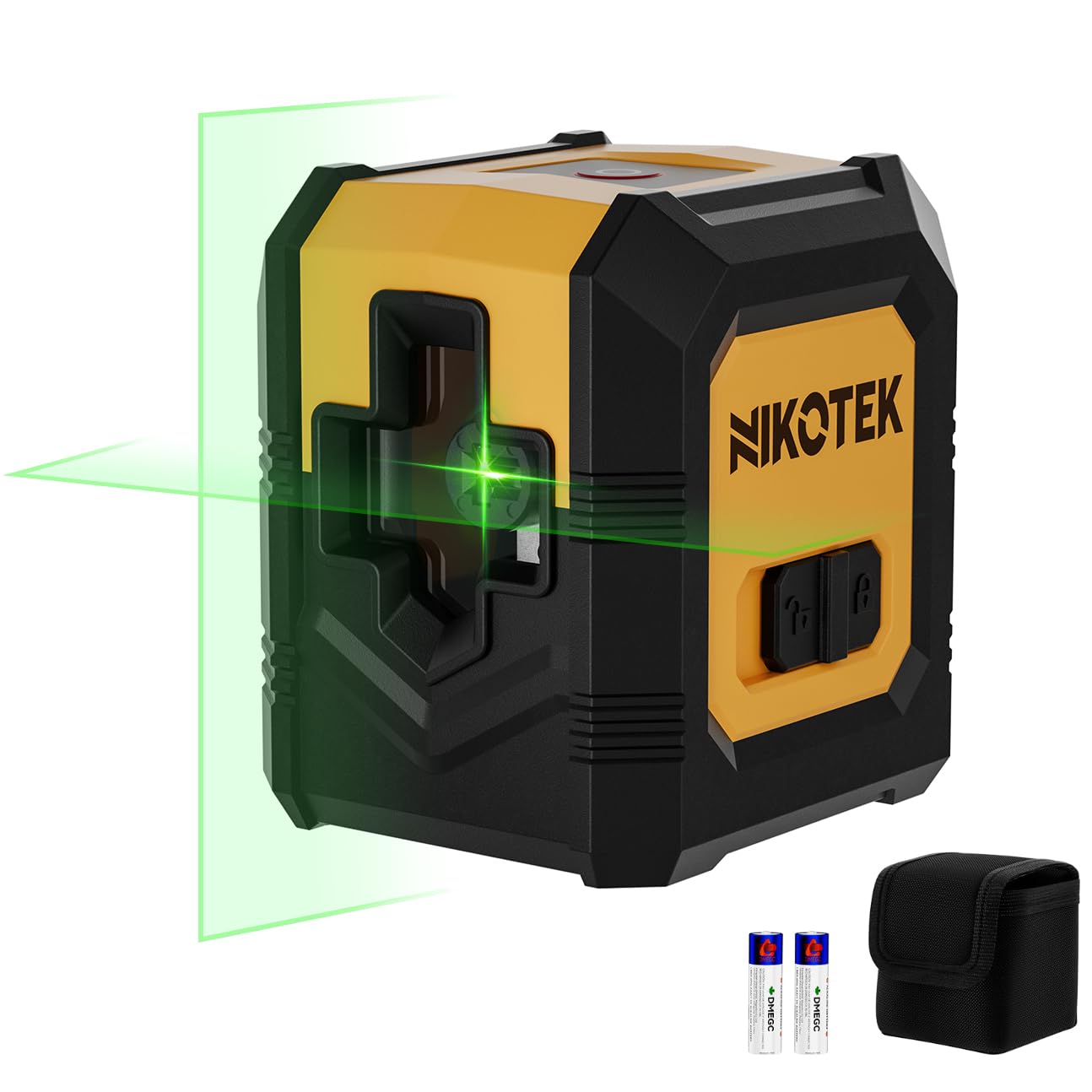 Kreuzlinienlaser, NIKOTEK Laser Wasserwaage (Vertikale/Horizontale Grün Laser, Arbeitsbereich: 15 m, IP54, 2 x AA Batteriem, Schutztasche), Für Baustellen/Inneneinrichtung/DIY