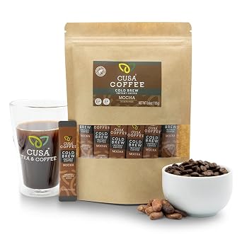 Cusa Tea & Coffee, Mocha Cold Brew. Premium Instant Coffee, Rainforest Alliance Certified Arabica Beans. Drink Mix Packets Ready in Seconds, Makes Hot or Iced Coffee 30 Servings