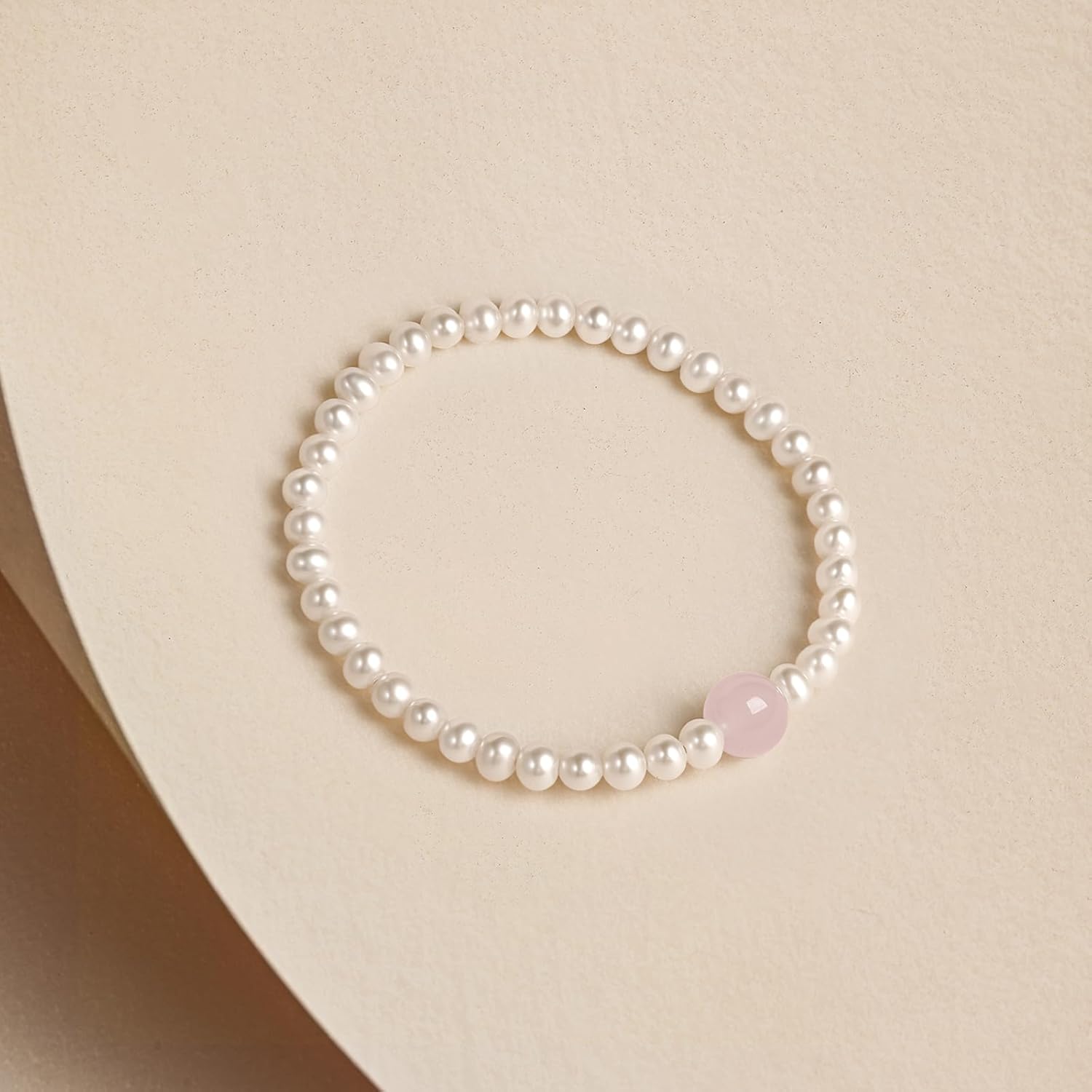 Natural Freshwater Oval Pearl Beaded Bracelet 8mm Rose Quartz Charm 4mm Pearl Stretch Bracelet Elastic Elegant Jewelry for Women Mom Daughter Birthday Anniversary 6.7"/17CM X1914174