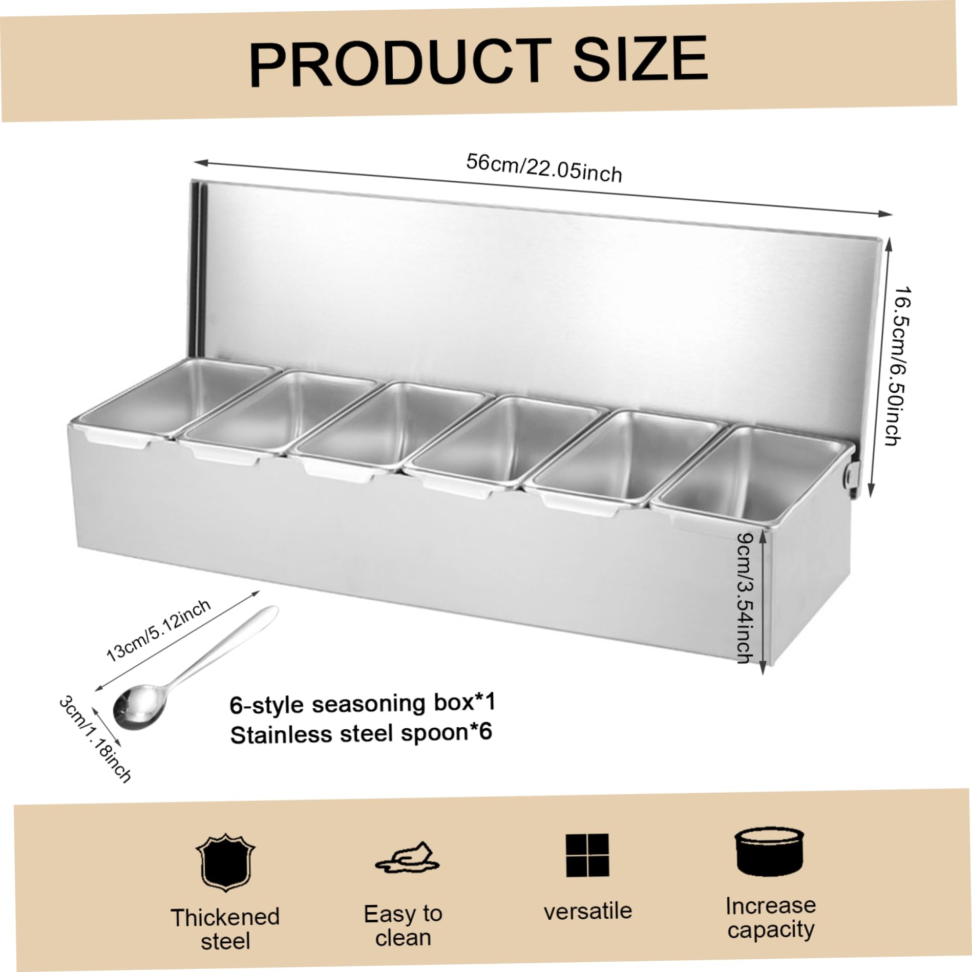 Stazione per topping per pizza 6x18x3, 5 Contenitori per condimenti a 6 scomparti con 6 cucchiai Scatola per spezie lavabile e staccabile per uso alimentare con coperchio per cucina, scatola per condi