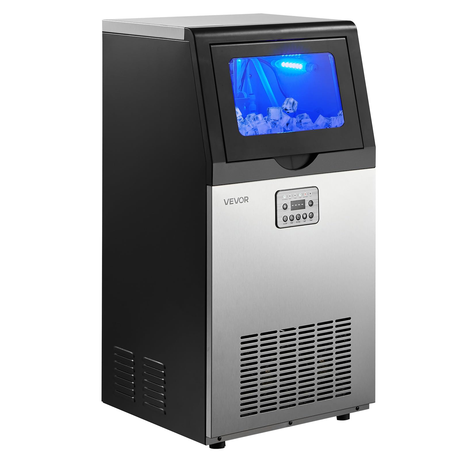 VEVOR Macchina per Cubetti di Ghiaccio Commerciale 45 kg/24 h Acciaio Inox | Fabbricatore di Ghiaccio Capacità Stoccaggio 7,3-13,3 kg, Spessore Regolabile, Display LED Funzione Autopulente Bar Hotel