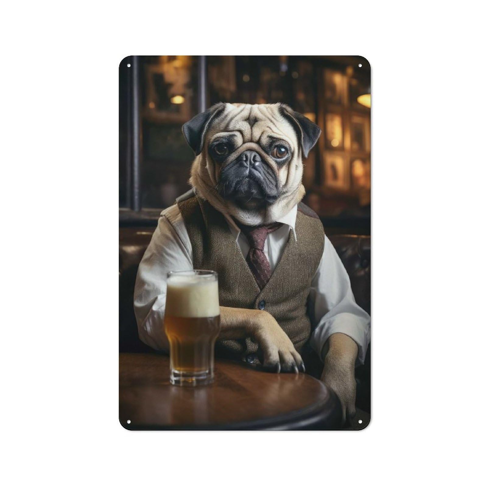 Junmoney Pug In The Pub Tin Wall Plaque 30X20cm With For Living Room Or Hallway, For Garage, Workshop And Man Cave Decoration