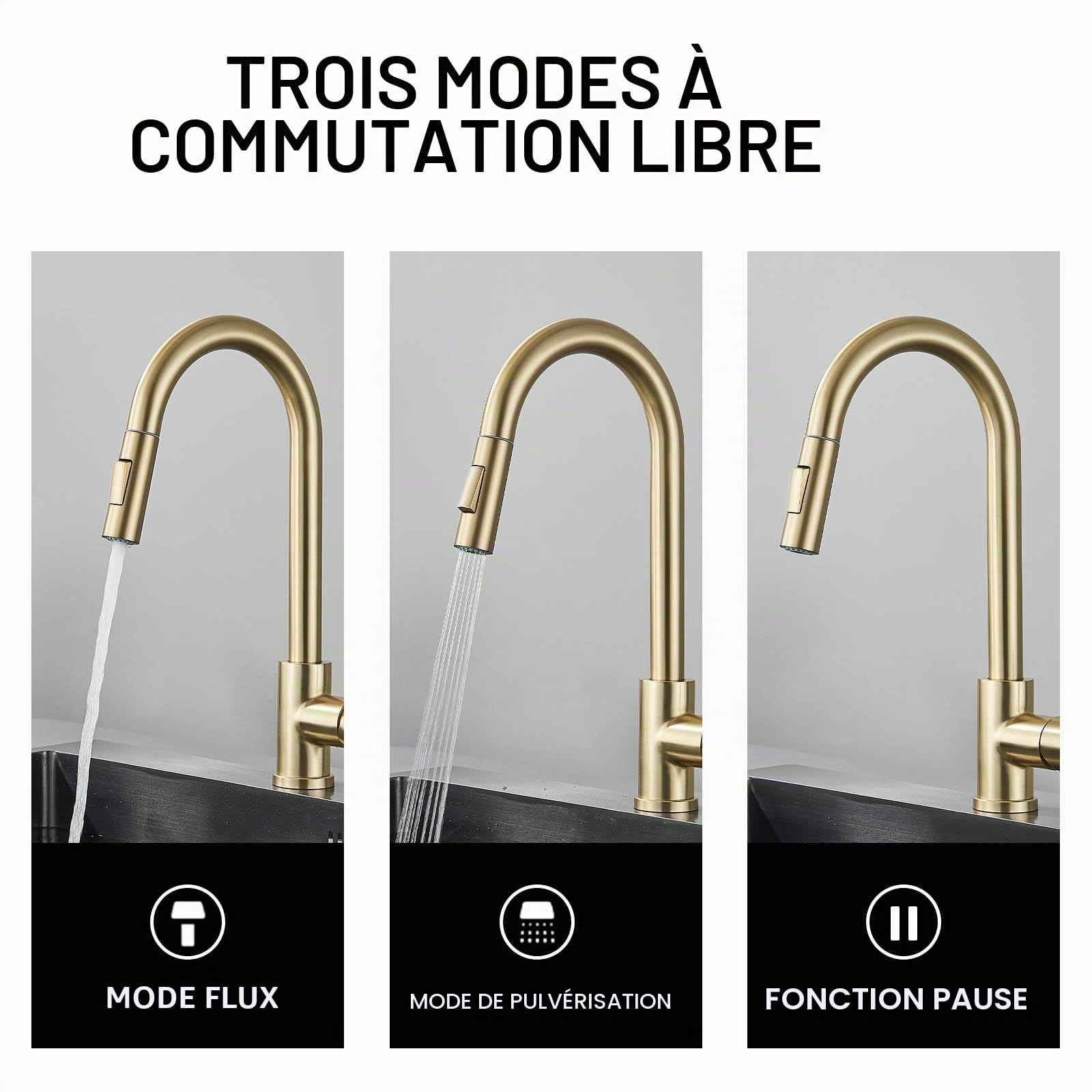 Robinet de Cuisine avec Douchette Extractible, Mitigeur 360° en Acier Inoxydable, Or Brossé, TVTIUO 2 Modes