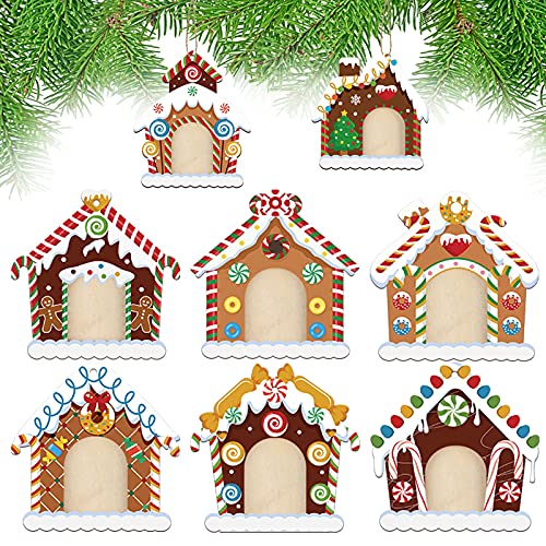 Namalu 8 Pieces Wood Gingerbread House Photo Frame Ornaments Christmas Picture Frame Christmas Tree Hanging Photo Ornaments Decoration for Holiday Decorations