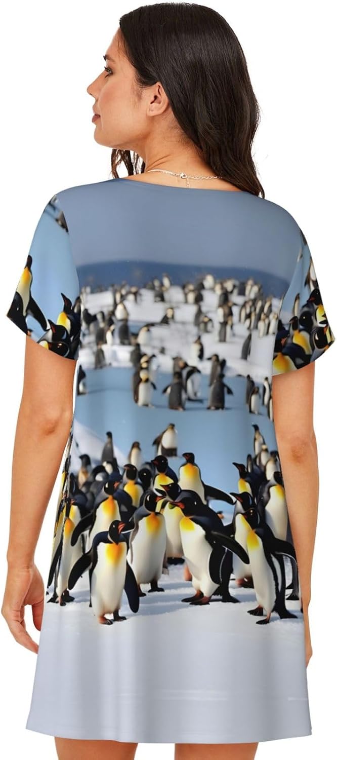 Happy Penguin Print Soft Women'S Sleepwear,Comfy Short Sleeve Nightgown, Perfect For Relaxing At Home And Sleeping
