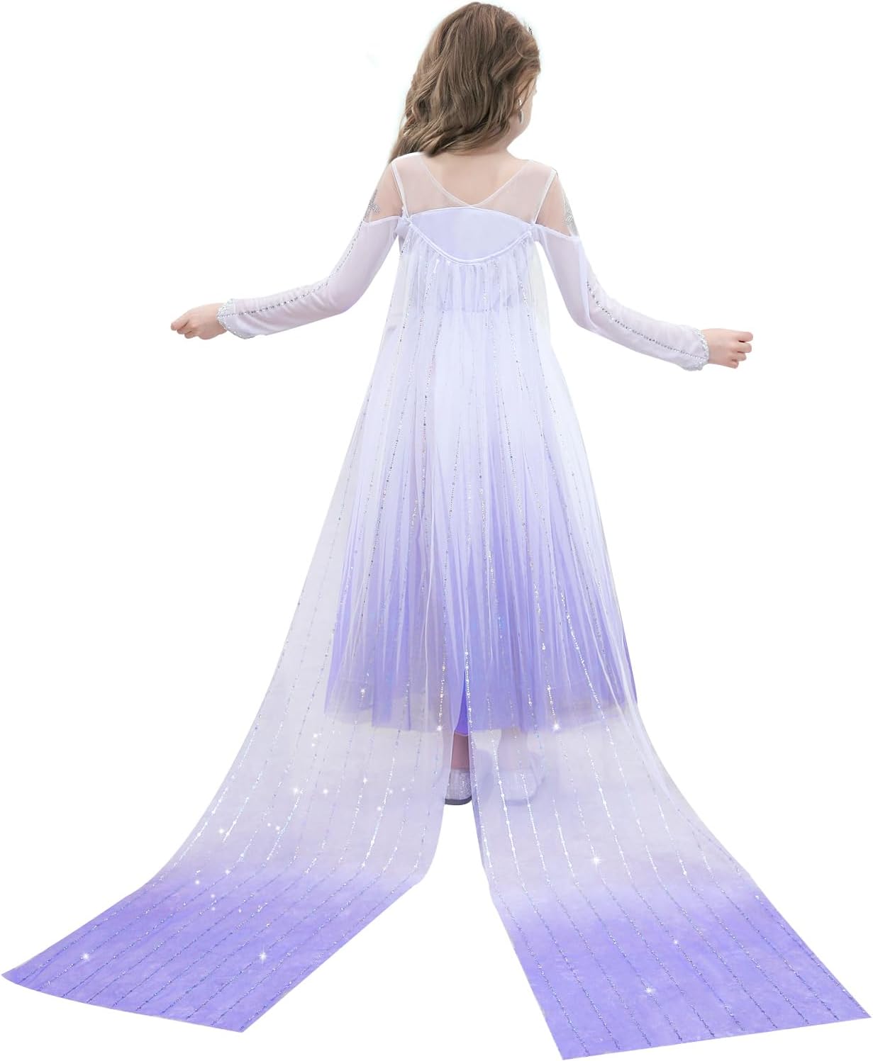 girls princess elsa dress costume with waist sequins, detachable cape, halloween christmas kid snow queen dress up white 7-8t