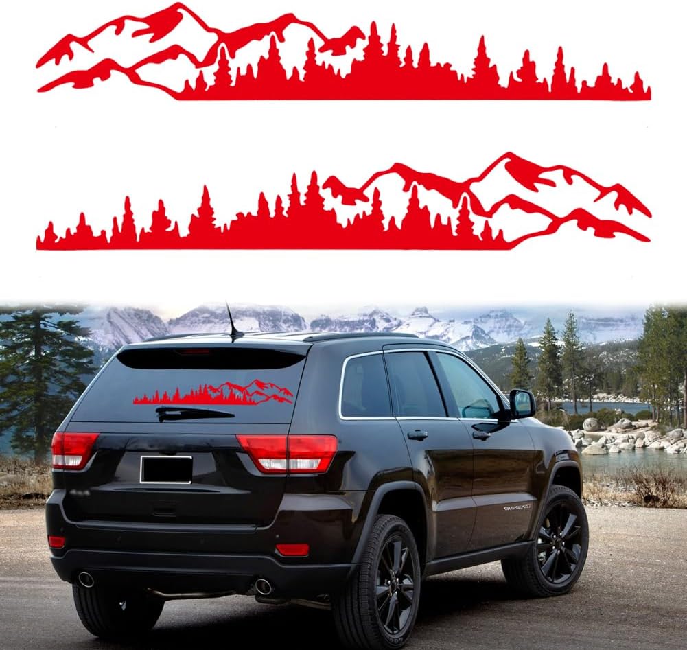 2Pcs Universal Mountain Tree Forest Vinyl Decals for Car Body Door Side Auto Graphic Stickers Accessories Decoration for RV Caravan Truck Panel SUV Off-Road Vehicles (Black, 74.4''*12.5'')