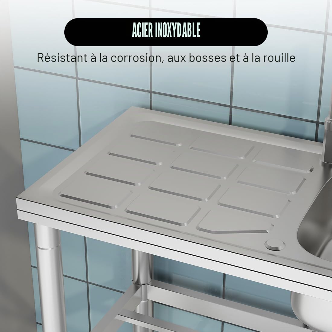 Évier autoportant, en acier inoxydable, avec robinet, évier de cuisine avec étagères, lavabo multifonction avec tuyau d'eau, lavabo utilitaire pour buanderie, jardin, restaurant, garage