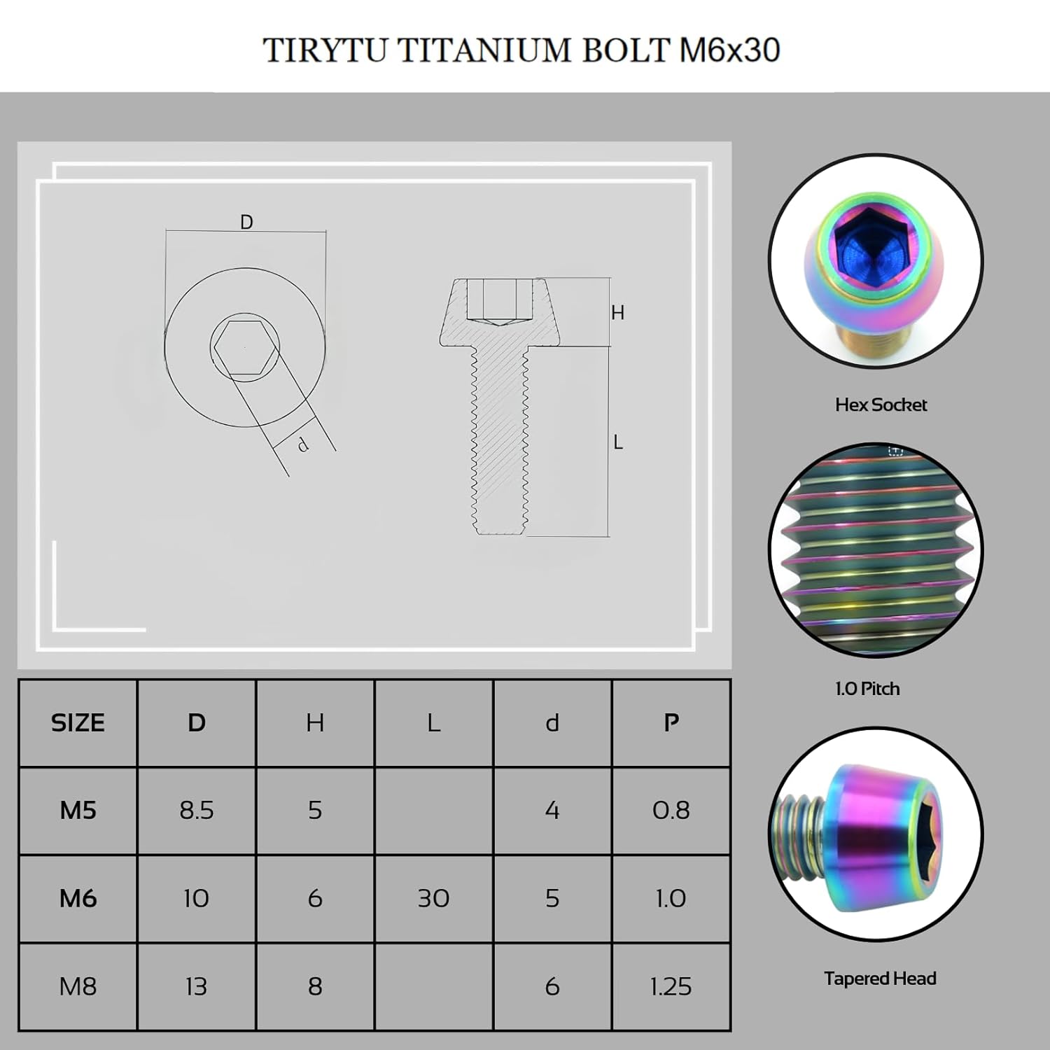 M6x30mm Titanium Bolts - Tapered Head Hex Socket Screws for Bike, Motorcycle, Marine | Corrosion Resistant in Salty/Humid Conditions, Lightweight Fasteners | Colorful （6PC