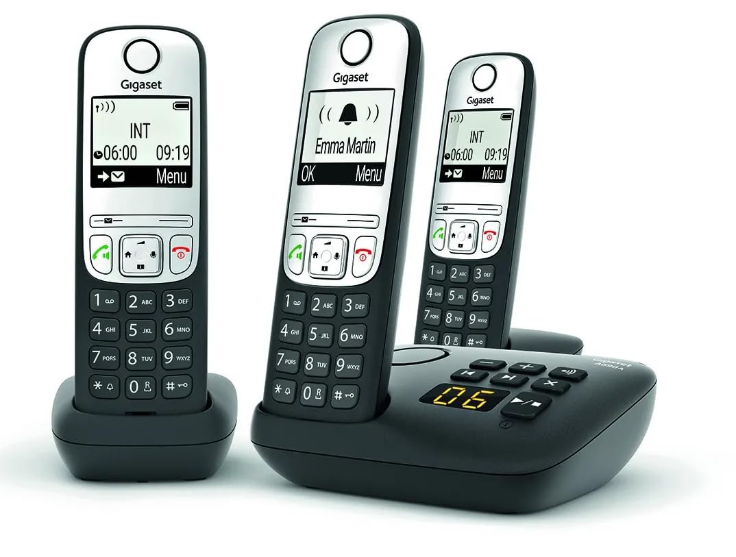 Gigaset A690A Trio Schnurlostelefon Anrufbeantworter mit Rufnummernanzeige ECO DECTGAP Schwarz + 2 zusätzliche Handsets