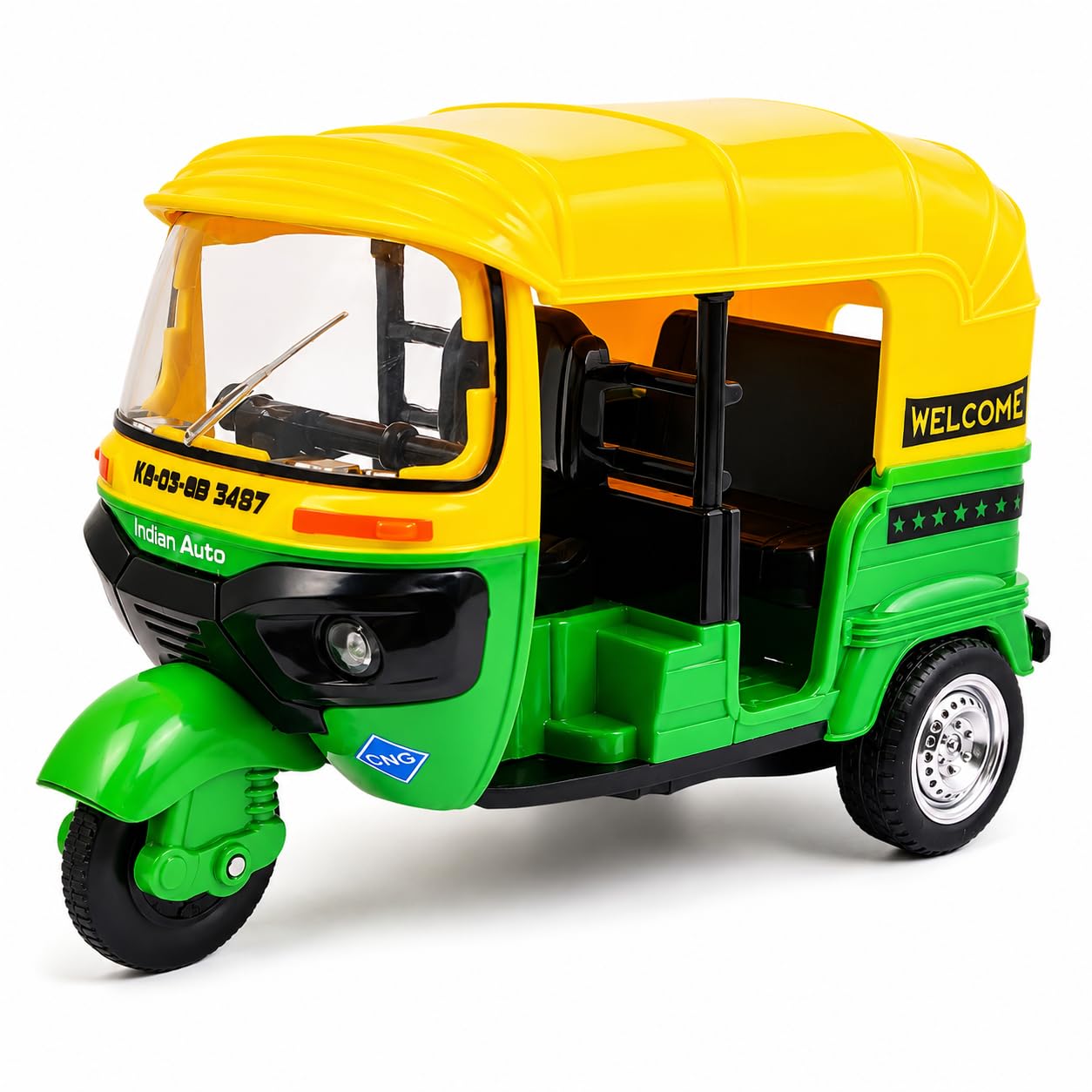 PLUSPOINT Auto Rickshaw Toy,with Pull Back Action City Traffic Vehicles Public Transport Toy with Light and Sound for Aged 3 4 5 6 Boys and Girls,Kids Party Favors Gifts (Green)