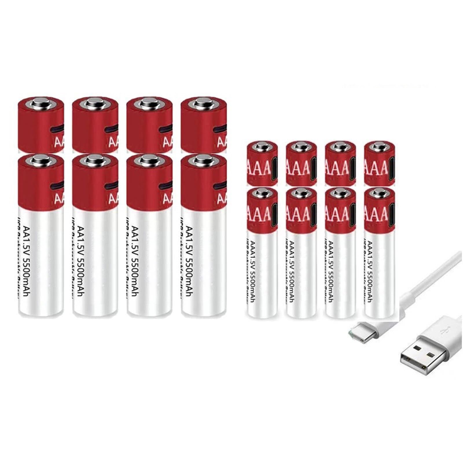 Batería de Iones de Litio Recargable USB Tipo C 1,5 V 5500 mAh AA+AAA Batería de Larga duración y Salida Constante 1,5 V y 1 H de Carga rápida